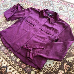 Silky Maroon Tie-Sleeve Button-Front Collared Blouse by Express